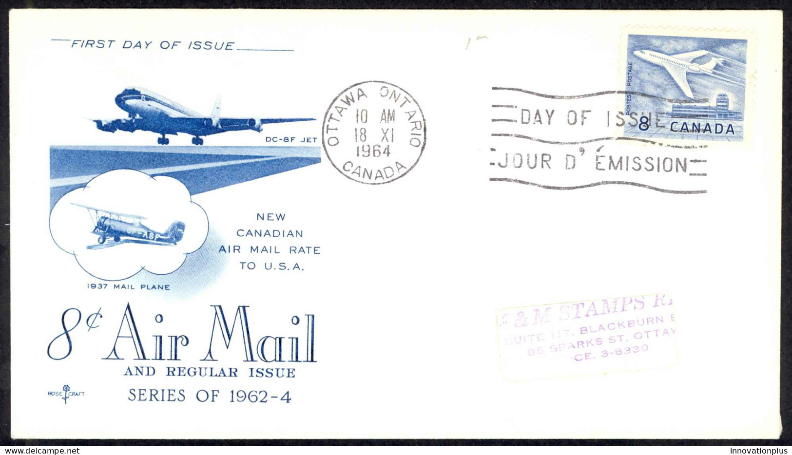 Canada Sc# 436 (Rose Craft Cachet) FDC (c) 1964 11.18 Jet Definitive - 1961-1970