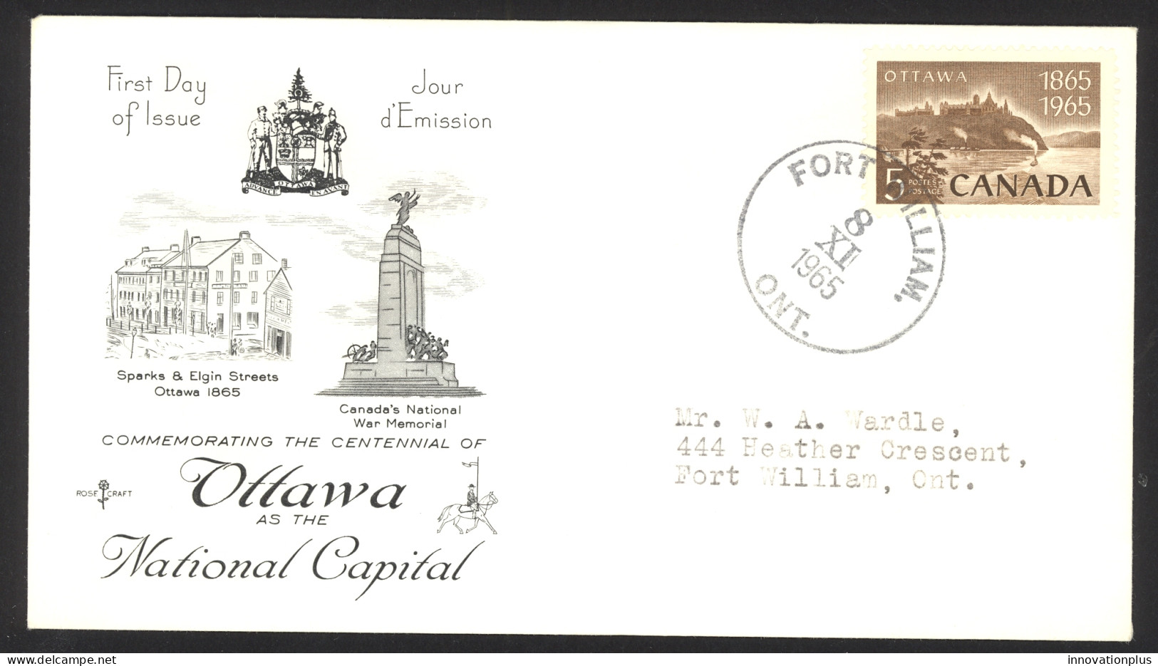 Canada Sc# 442 (Rose Craft Cachet) FDC Single (b) 1965 9.8 National Capital - 1961-1970