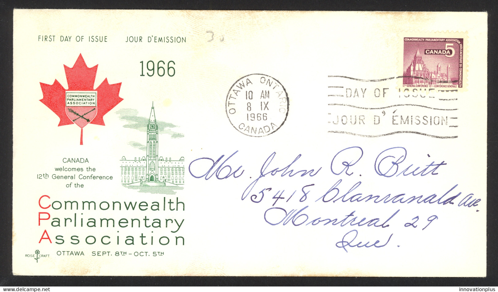 Canada Sc# 450 (Rose Craft) FDC Single (a) 1966 9.8 C.P.A. Conference - 1961-1970