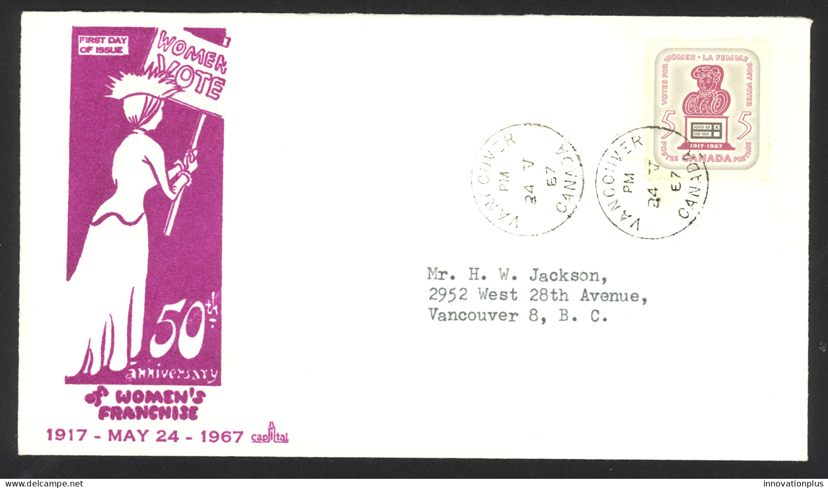 Canada Sc# 470 (Capital Cachet) FDC Single (b) 1967 5.24 Votes For Women 50th - 1961-1970
