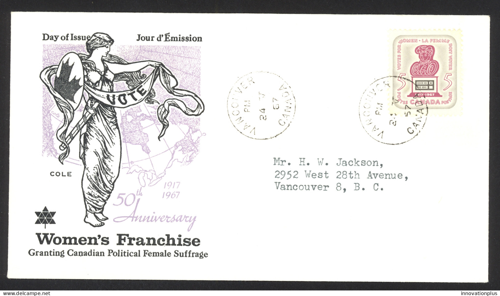 Canada Sc# 470 (Cole Covers) FDC Single (c) 1967 5.24 Votes For Women 50th - 1961-1970