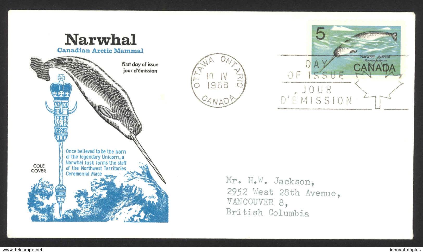 Canada Sc# 480 (Cole Covers) FDC Single (b) 1968 4.10 Narwhal - 1961-1970