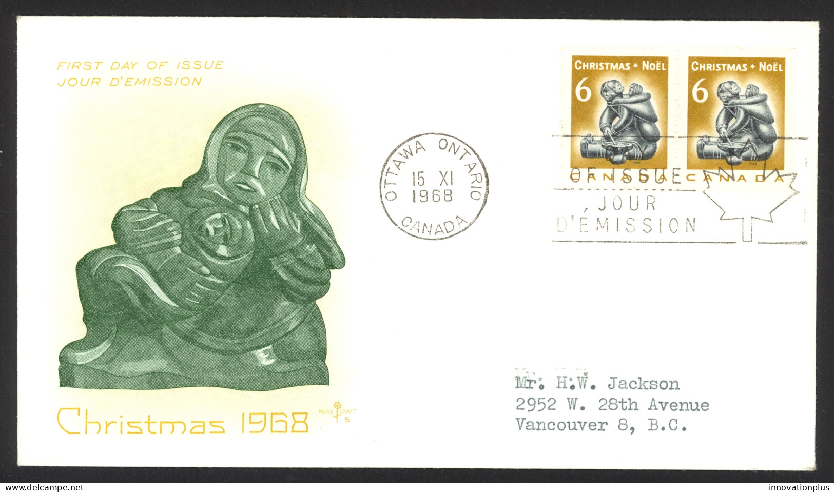 Canada Sc# 489 (Rose Craft Cachet) FDC Pair (b) 1968 11.15 Christmas - 1961-1970