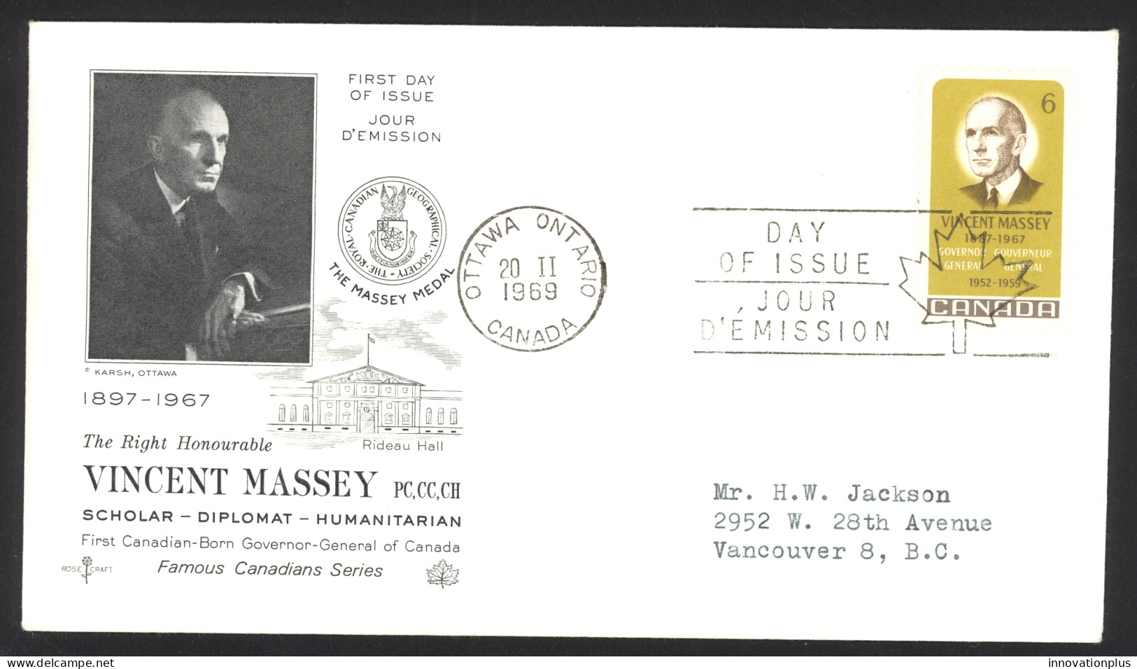 Canada Sc# 491 (Rose Craft Cachet) FDC Single (b) 1969 2.20 Vincent Massey - 1961-1970