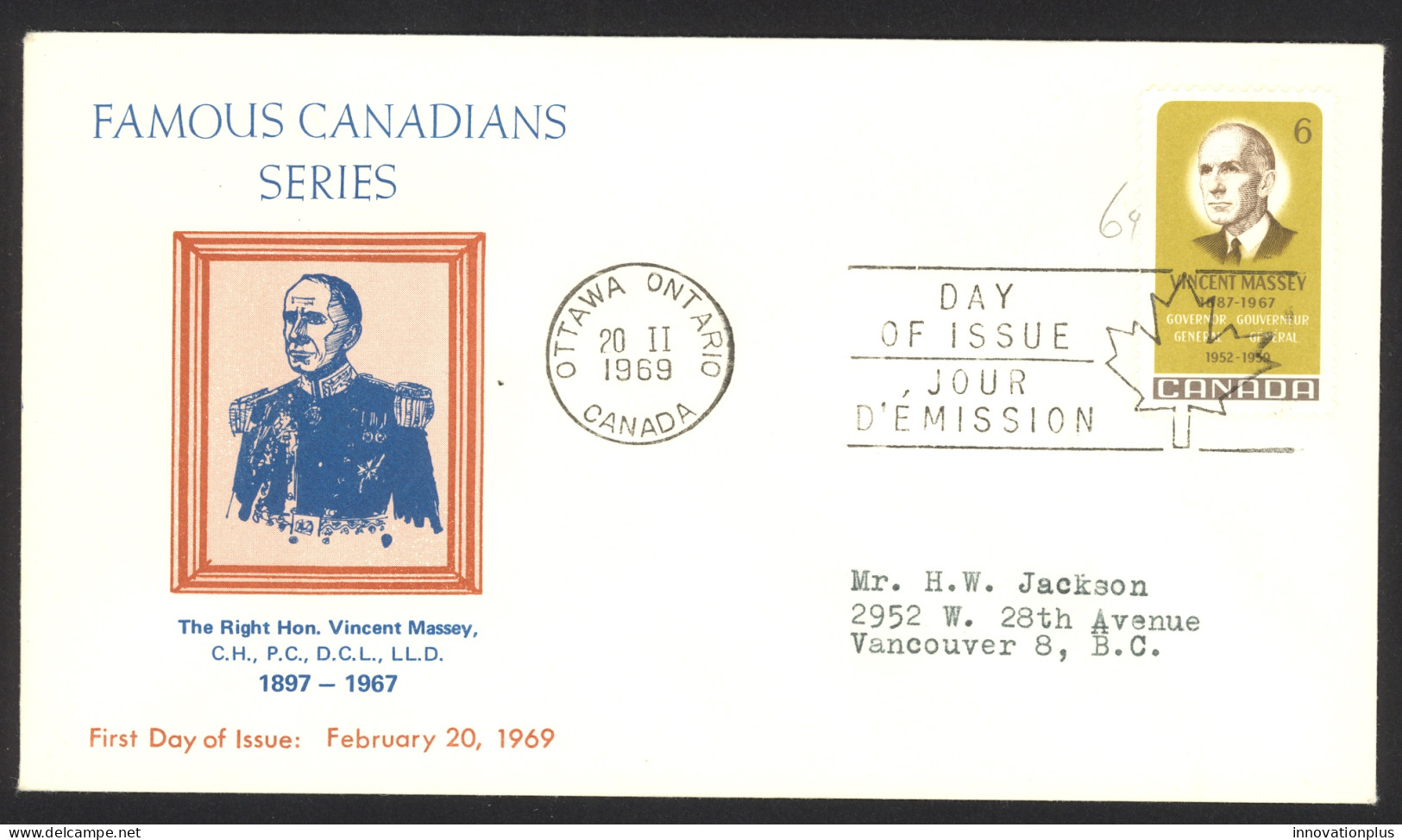 Canada Sc# 491 (cachet) FDC Single (d) 1969 2.20 Vincent Massey - 1961-1970