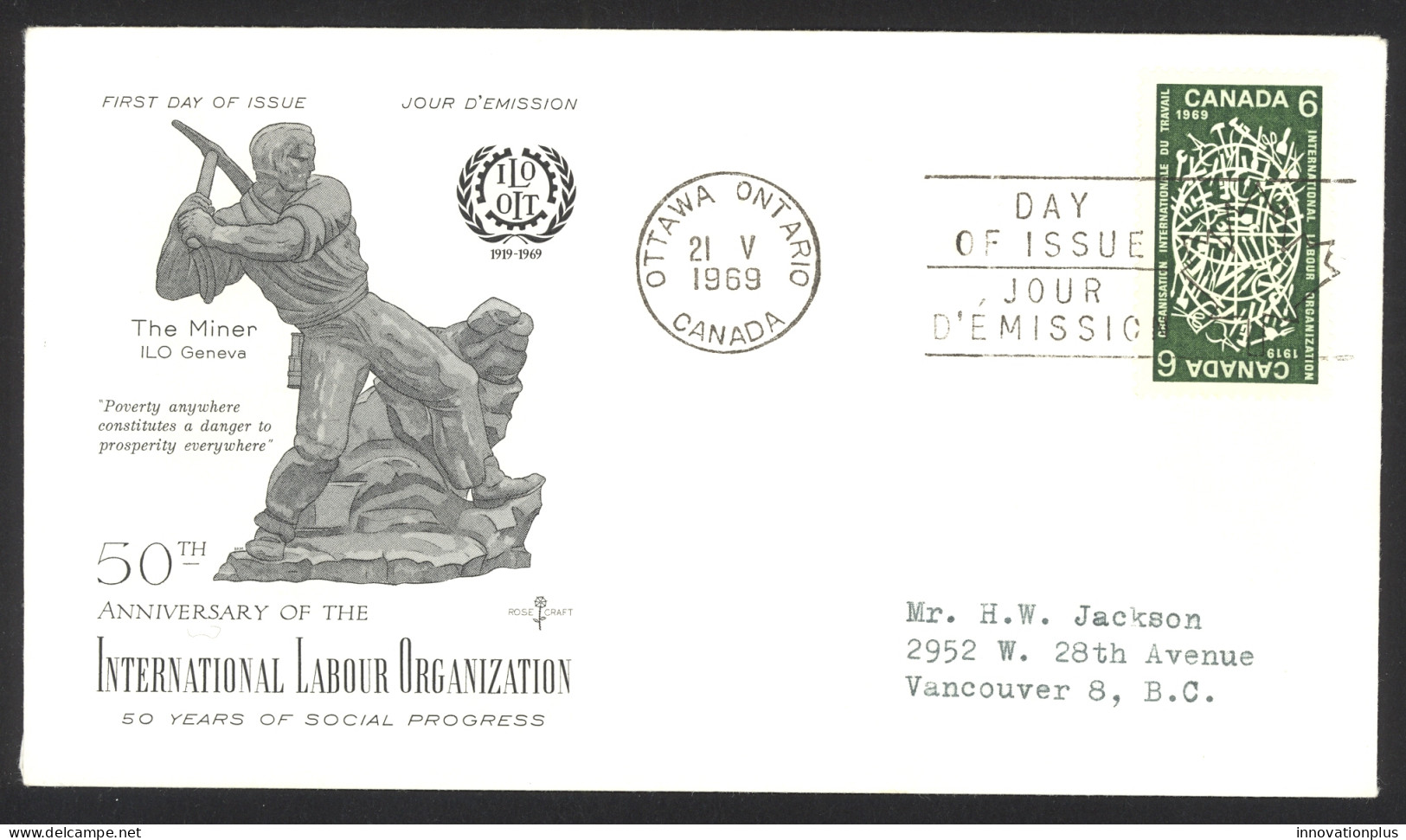 Canada Sc# 493 (Rose Craft) FDC Single (a) 1969 5.21 International Labour Org. - 1961-1970