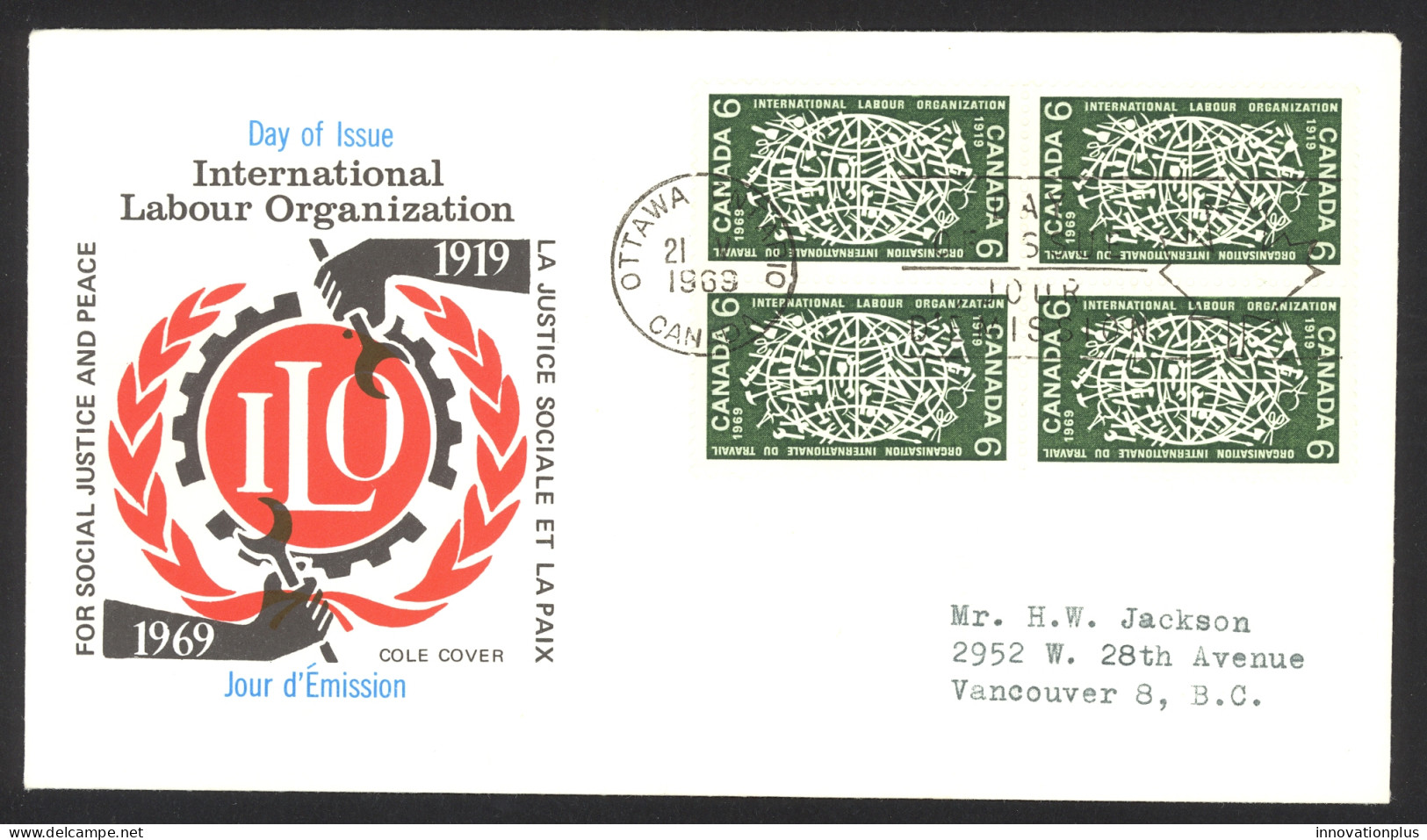 Canada Sc# 493 (Cole Covers) FDC Block/4 (d) 1969 5.21 International Labour Org. - 1961-1970