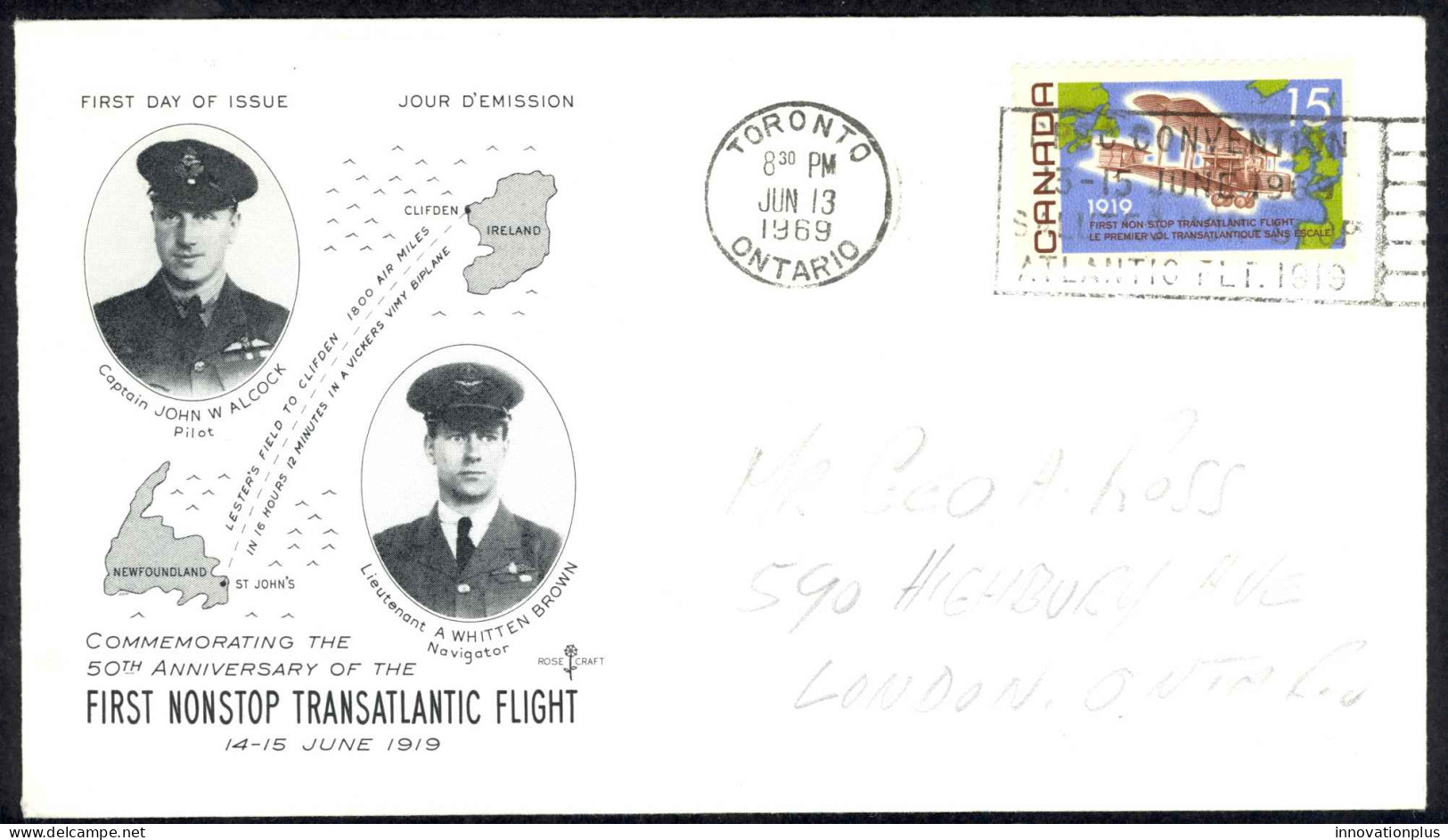 Canada Sc# 494 (Rose Craft) FDC (d) (Toronto) 1969 6.13 Nonstop Transatlantic 50 - 1961-1970