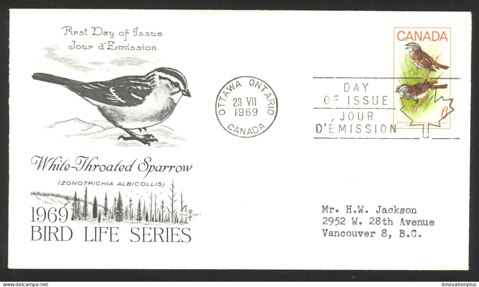 Canada Sc# 496 (Rose Craft Cachet) FDC (a) 1969 7.23 Birds - 1961-1970