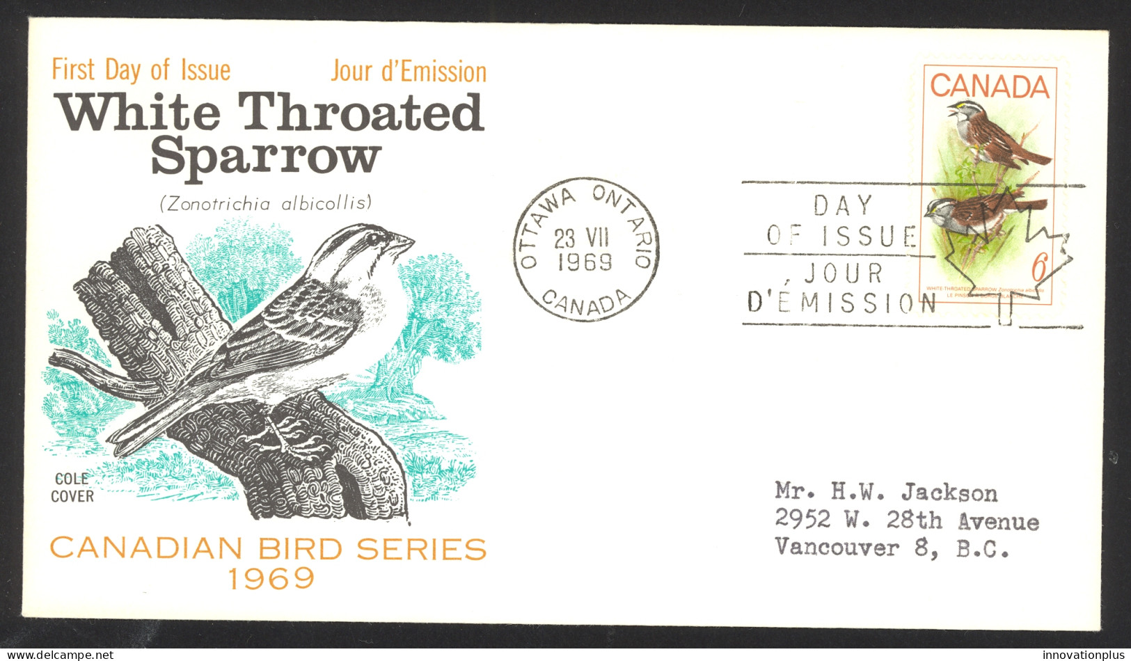 Canada Sc# 496 (Cole Cachet) FDC (b) 1969 7.23 Birds - 1961-1970