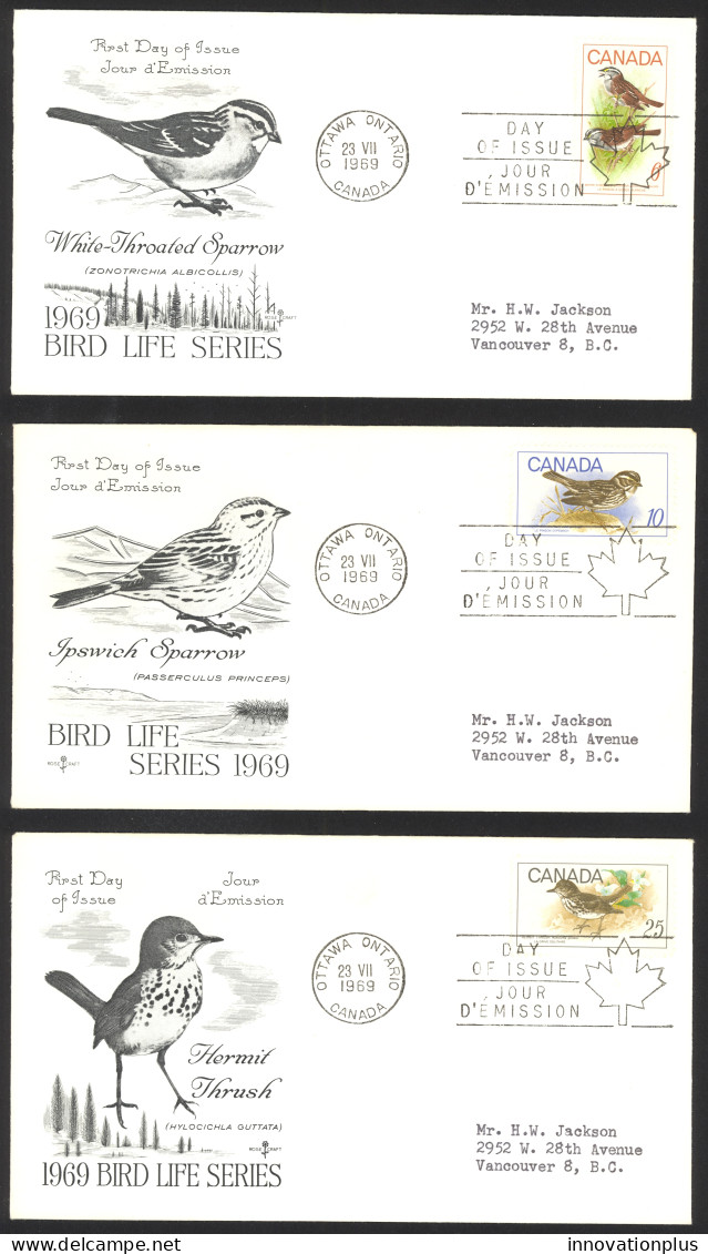 Canada Sc# 496-498 (Rose Craft Cachet) FDC Set/3 (a) 1969 7.23 Birds - 1961-1970