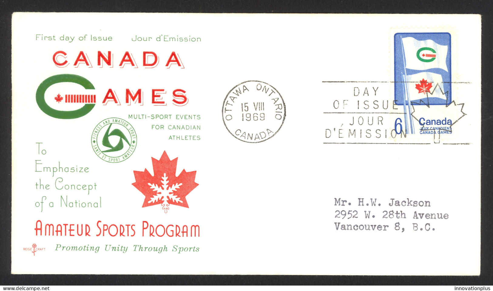 Canada Sc# 500 (Rose Craft Cachet) FDC Single (a) 1969 8.15 Canada Games - 1961-1970