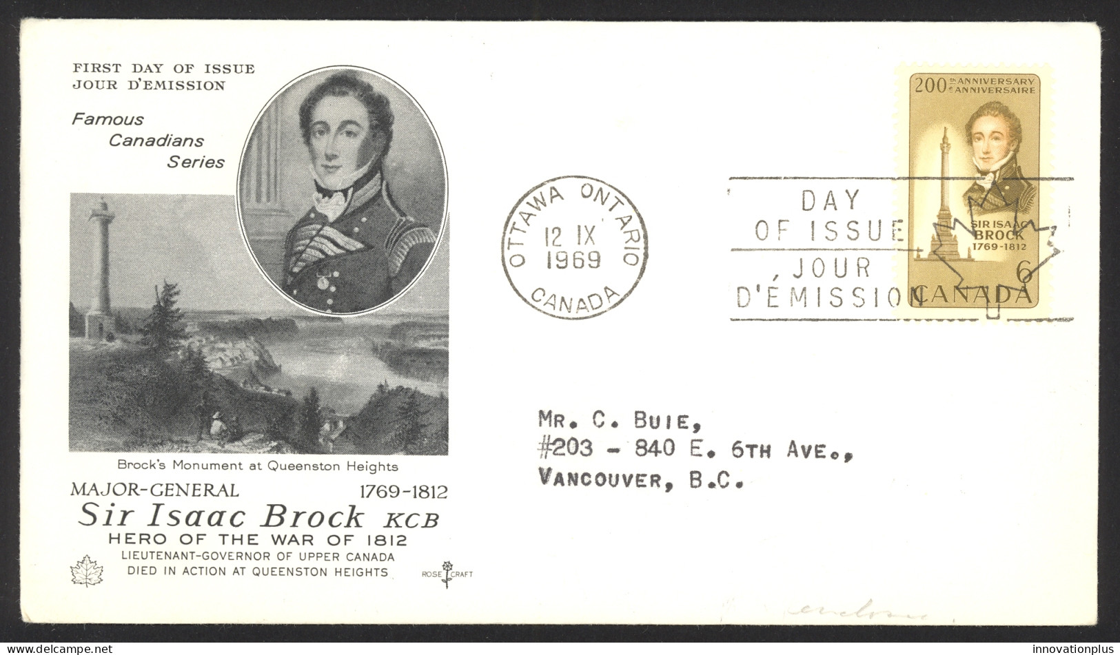 Canada Sc# 501 Ottawa (Rose Craft) FDC Single (aa) 1969 9.12 Sir Isaac Brock - 1961-1970