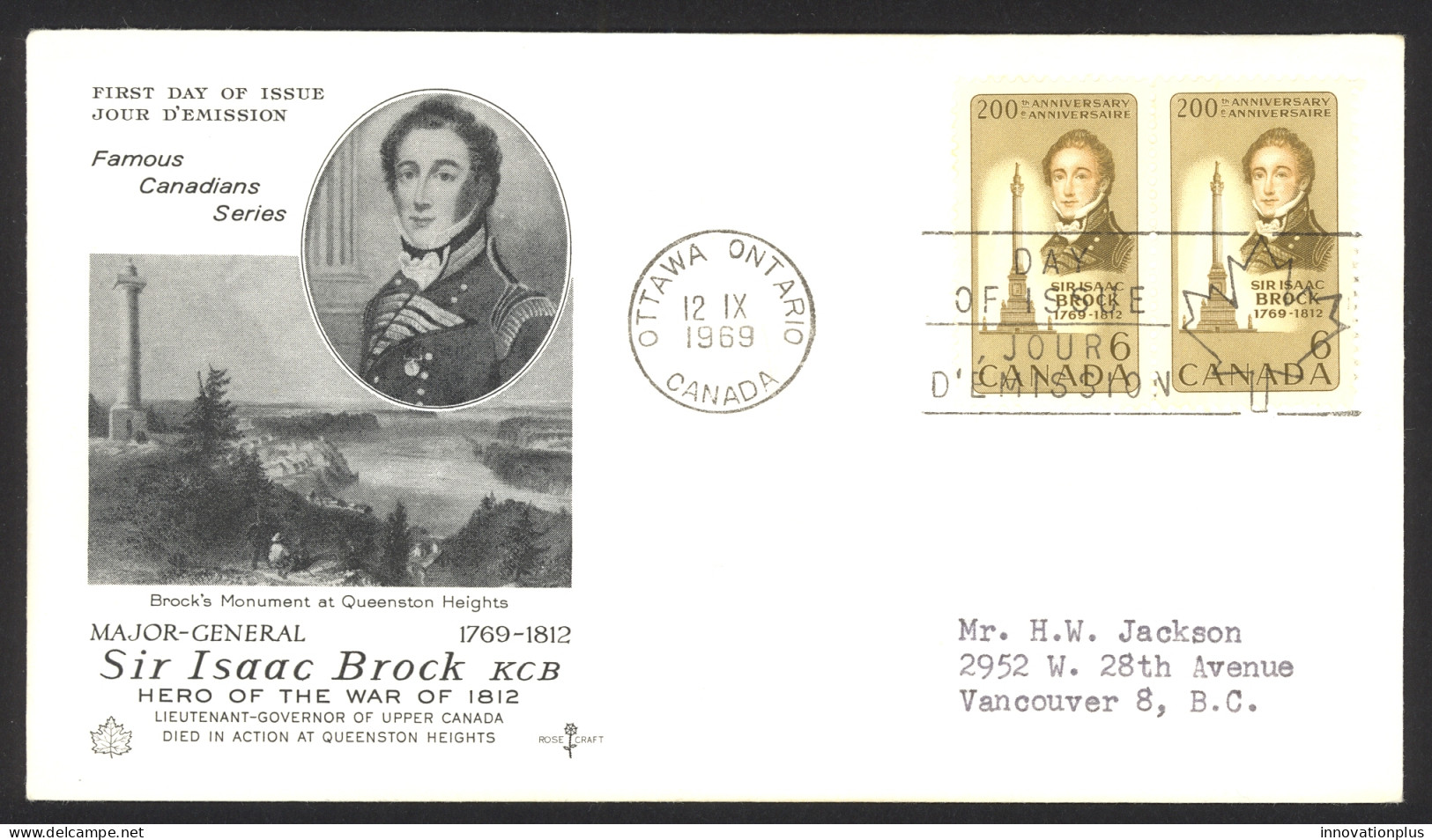 Canada Sc# 501 (Rose Craft Cachet) FDC Pair (e) 1969 9.12 Sir Isaac Brock - 1961-1970