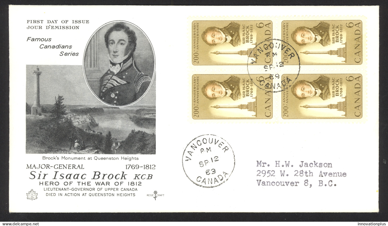 Canada Sc# 501 (Rose Craft Cachet) FDC Block/4 (f) 1969 9.12 Sir Isaac Brock - 1961-1970