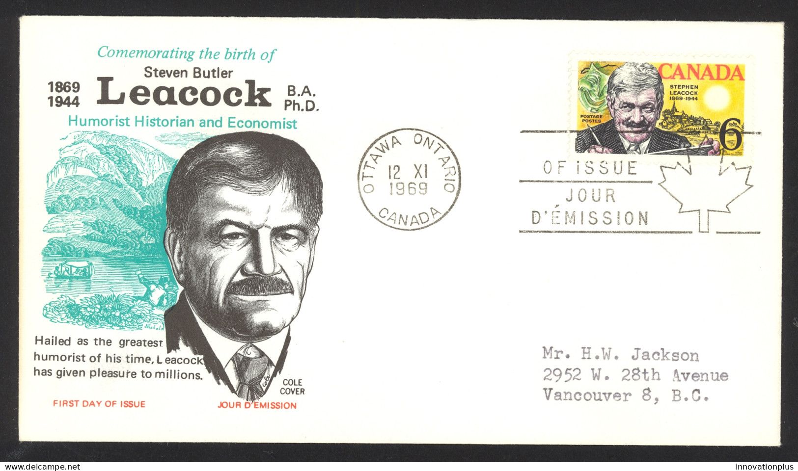 Canada Sc# 504 Ottawa CXL (Cole Covers) FDC Single (a) 1969 11.12 Steven Leacock - 1961-1970