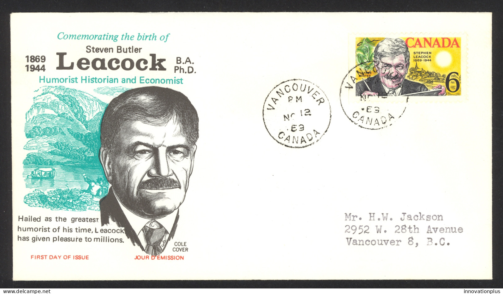 Canada Sc# 504 Vancouver (Cole Covers) FDC Single (c) 1969 11.12 Steven Leacock - 1961-1970