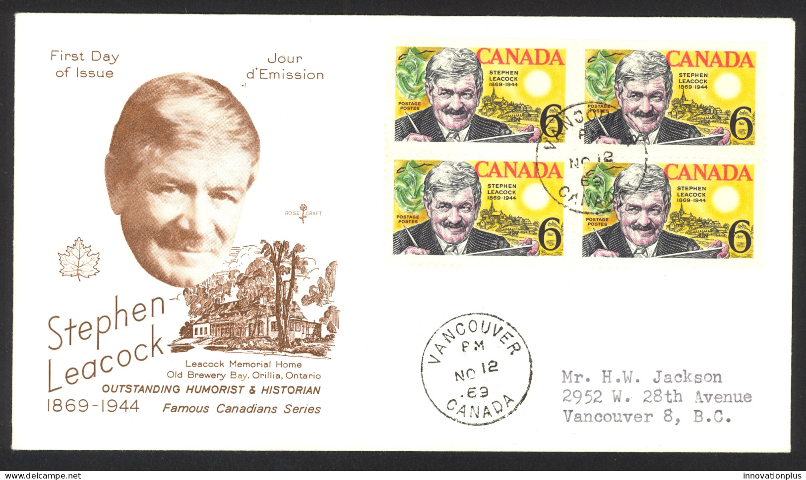 Canada Sc# 504 Vancouver CXL (Rose Craft) FDC Block/4 (g) 1969 11.12 Leacock - 1961-1970
