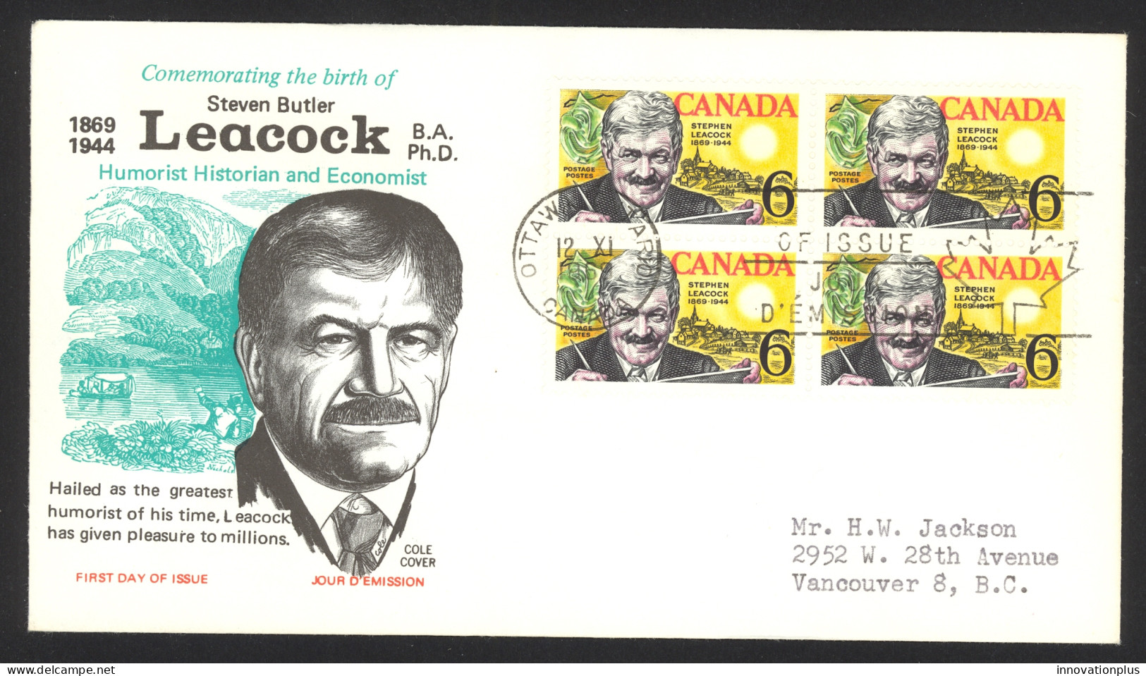 Canada Sc# 504 (Cole Covers) FDC Block/4 (h) 1969 11.12 Steven Leacock - 1961-1970