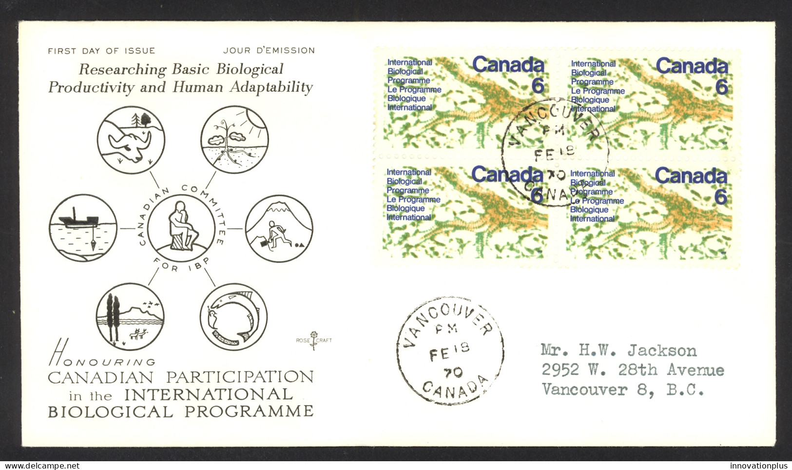 Canada Sc# 507 Vancouver (Rose Craft) FDC Block/4 (e) 1970 2.18 UN Biological - 1961-1970