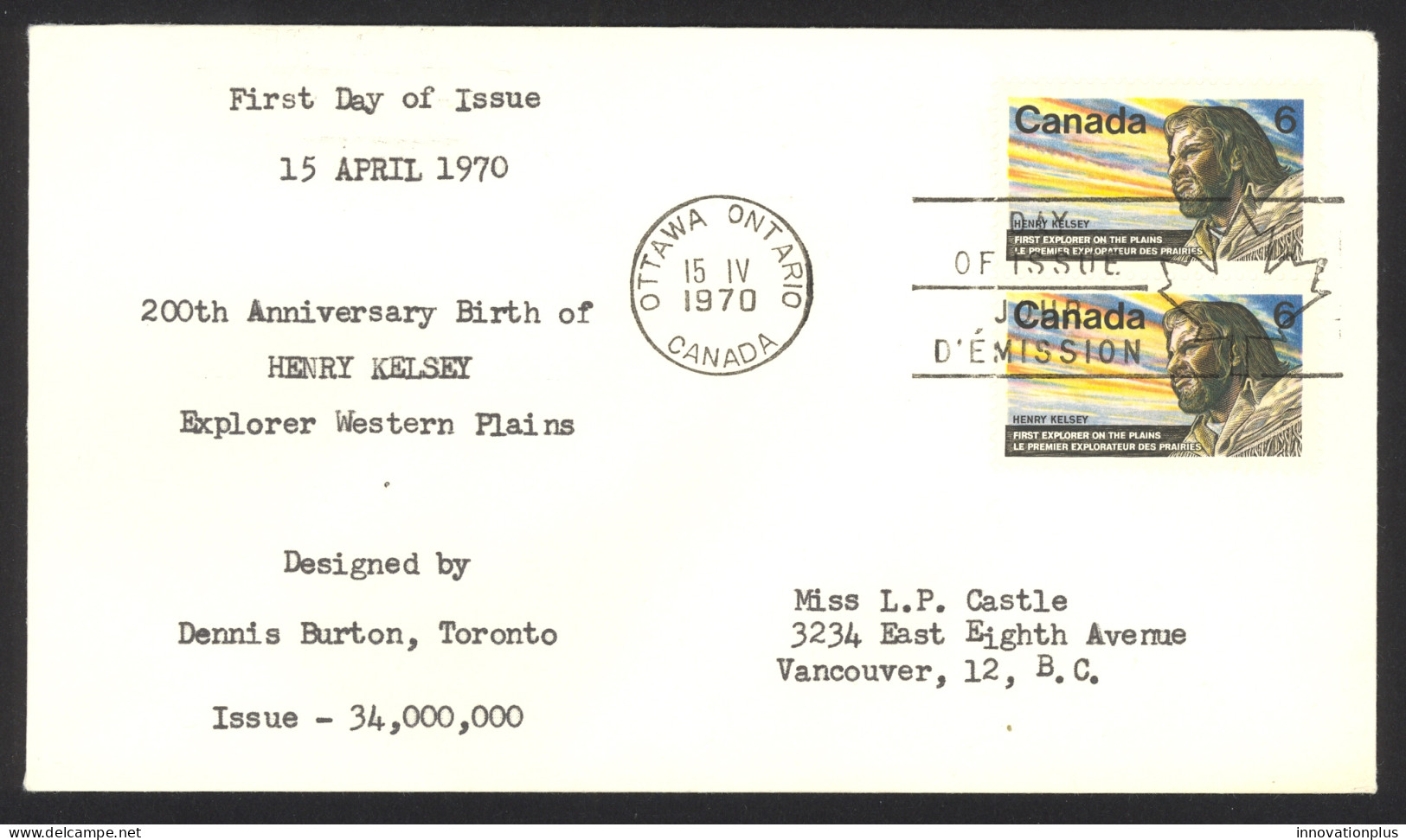 Canada Sc# 512 (no Cachet) FDC Pair (c) 1970 4.15 Henry Kelsey - 1961-1970