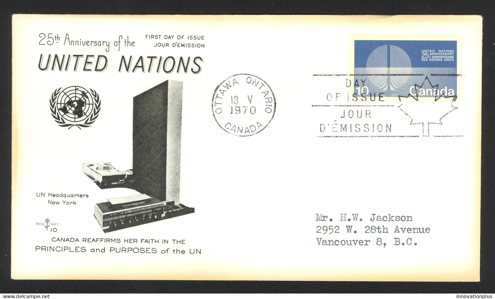 Canada Sc# 513 (Rose Craft Cachet) FDC Single (a) 1970 5.13 United Nations 25th - 1961-1970