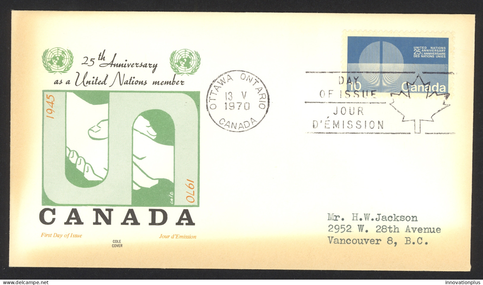 Canada Sc# 513 (Cole Covers) FDC Single (b) 1970 5.13 United Nations 25th - 1961-1970
