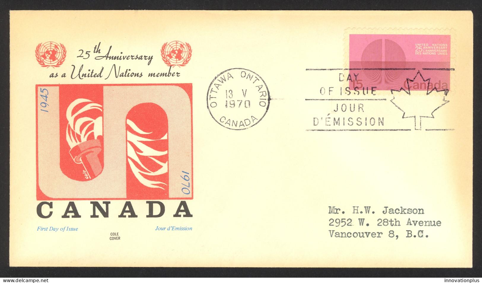 Canada Sc# 514 (Cole Covers) FDC Single (a) 1970 5.13 United Nations 25th - 1961-1970