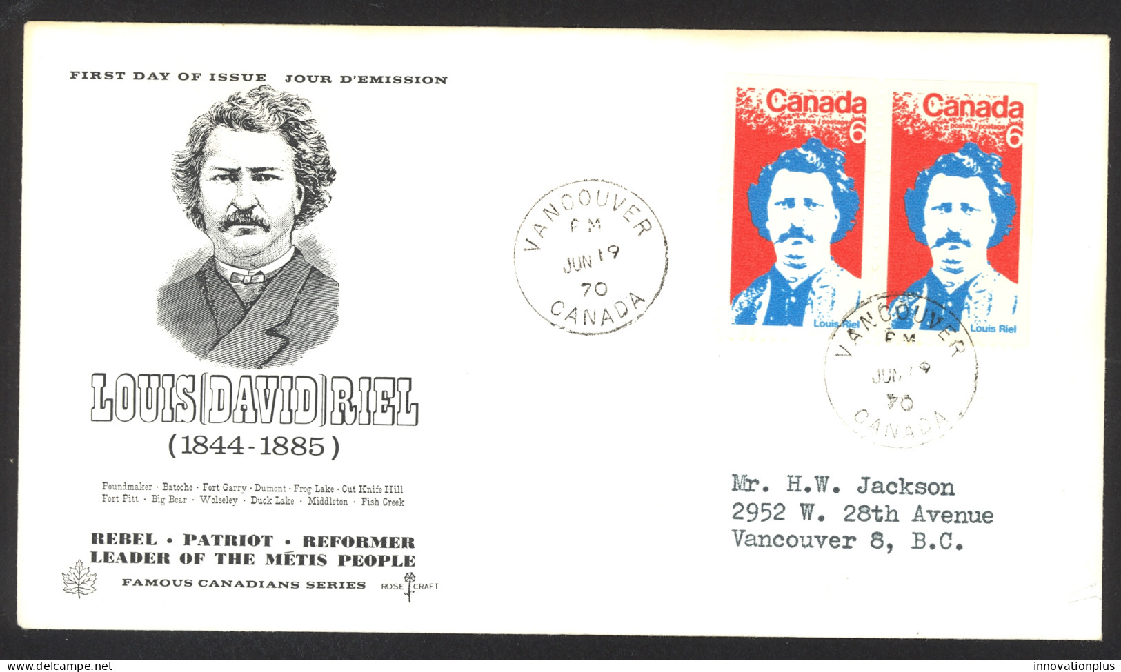 Canada Sc# 515 (Rose Craft Cachet) FDC Pair (e) 1970 6.19 Louis Riel - 1961-1970