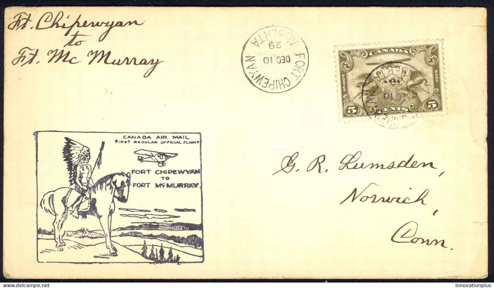 Canada Sc# C1 First Flight (a) (Fort Chipewyan>Fort McMurray) 1929 12.10  - First Flight Covers