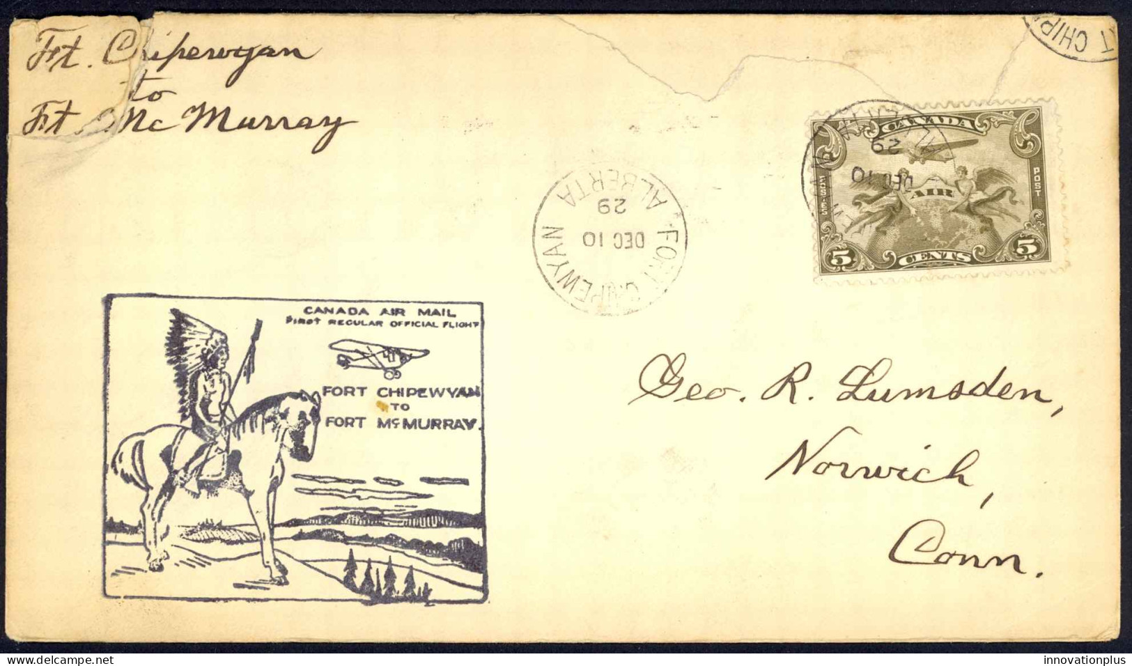 Canada Sc# C1 First Flight (b) (Fort Chipewyan>Fort McMurray) 1929 12.10  - First Flight Covers