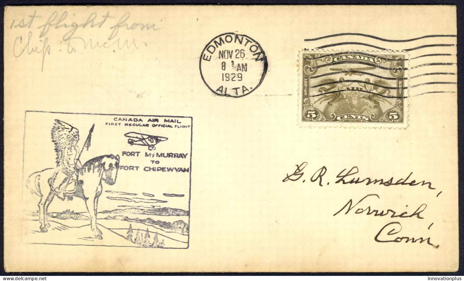 Canada Sc# C1 First Flight (b) (Fort McMurray>Fort Chipewyan) 1929 11.26  - First Flight Covers