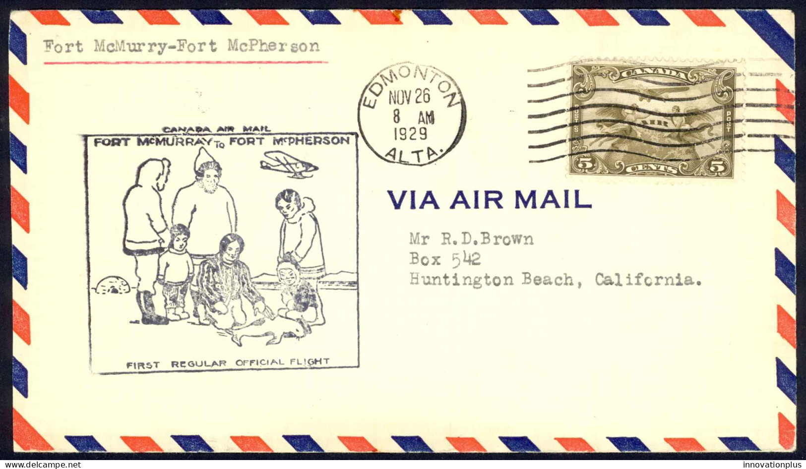 Canada Sc# C1 First Flight (a) (Fort McMurray>Fort McPherson) 1929 11.26  - First Flight Covers