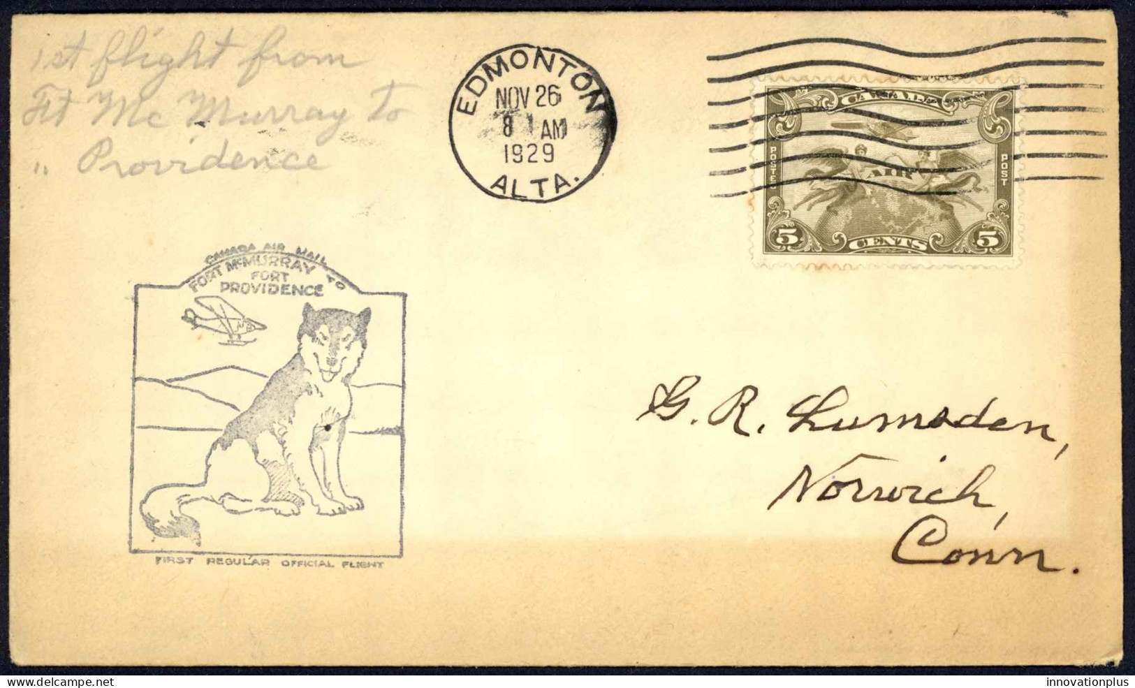 Canada Sc# C1 First Flight (b) (Fort McMurray>Fort Providence) 1929 11.26  - First Flight Covers