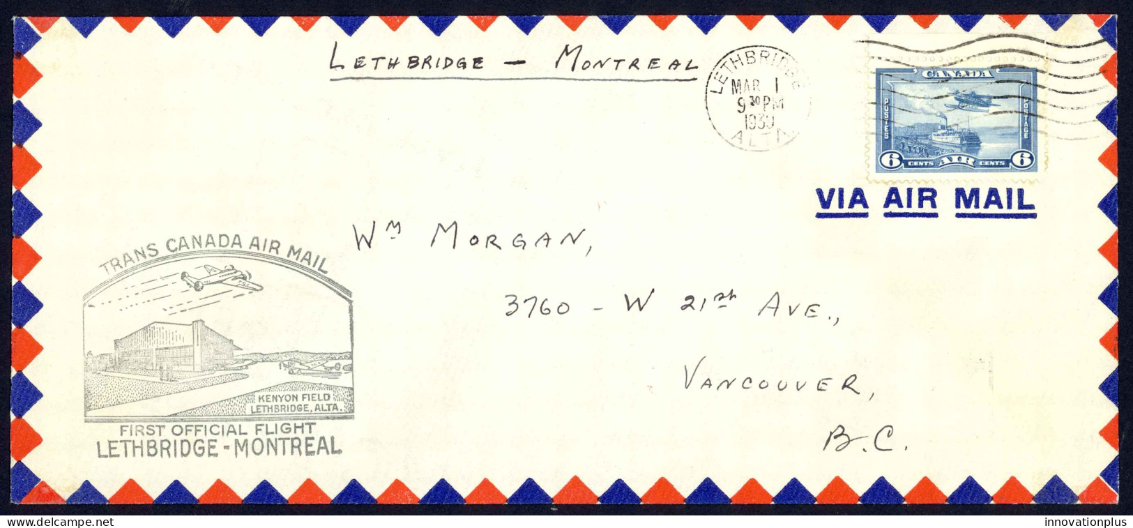 Canada Sc# C6 First Flight (Lethbridge>Montreal) 1939 3.1 Trans Canada Air Mail - First Flight Covers