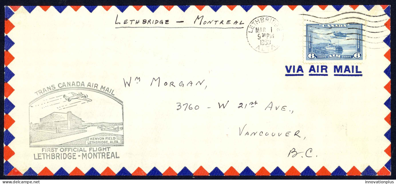 Canada Sc# C6 First Flight (Lethbridge>Montreal) 1939 3.1 Trans Canada Air Mail - Erst- U. Sonderflugbriefe