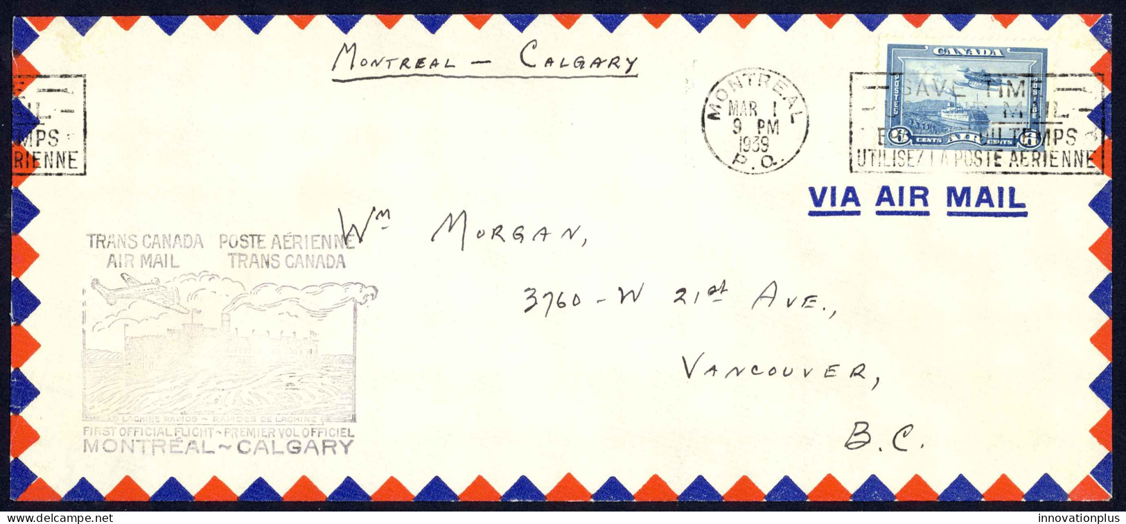 Canada Sc# C6 First Flight (Montreal>Calgary) 1939 3.1 Trans Canada Air Mail - Primeros Vuelos