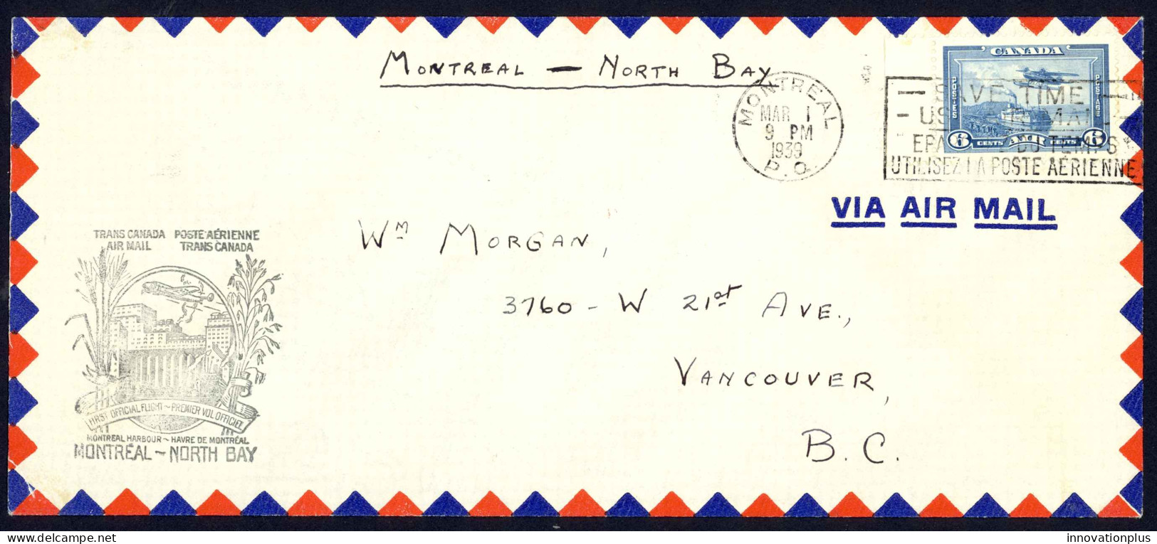 Canada Sc# C6 First Flight (Montreal>North Bay) 1939 3.1 Trans Canada Air Mail - Primeros Vuelos