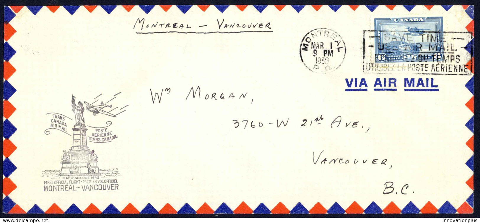 Canada Sc# C6 First Flight (Montreal>Vancouver) 1939 3.1 Trans Canada Air Mail - Premiers Vols