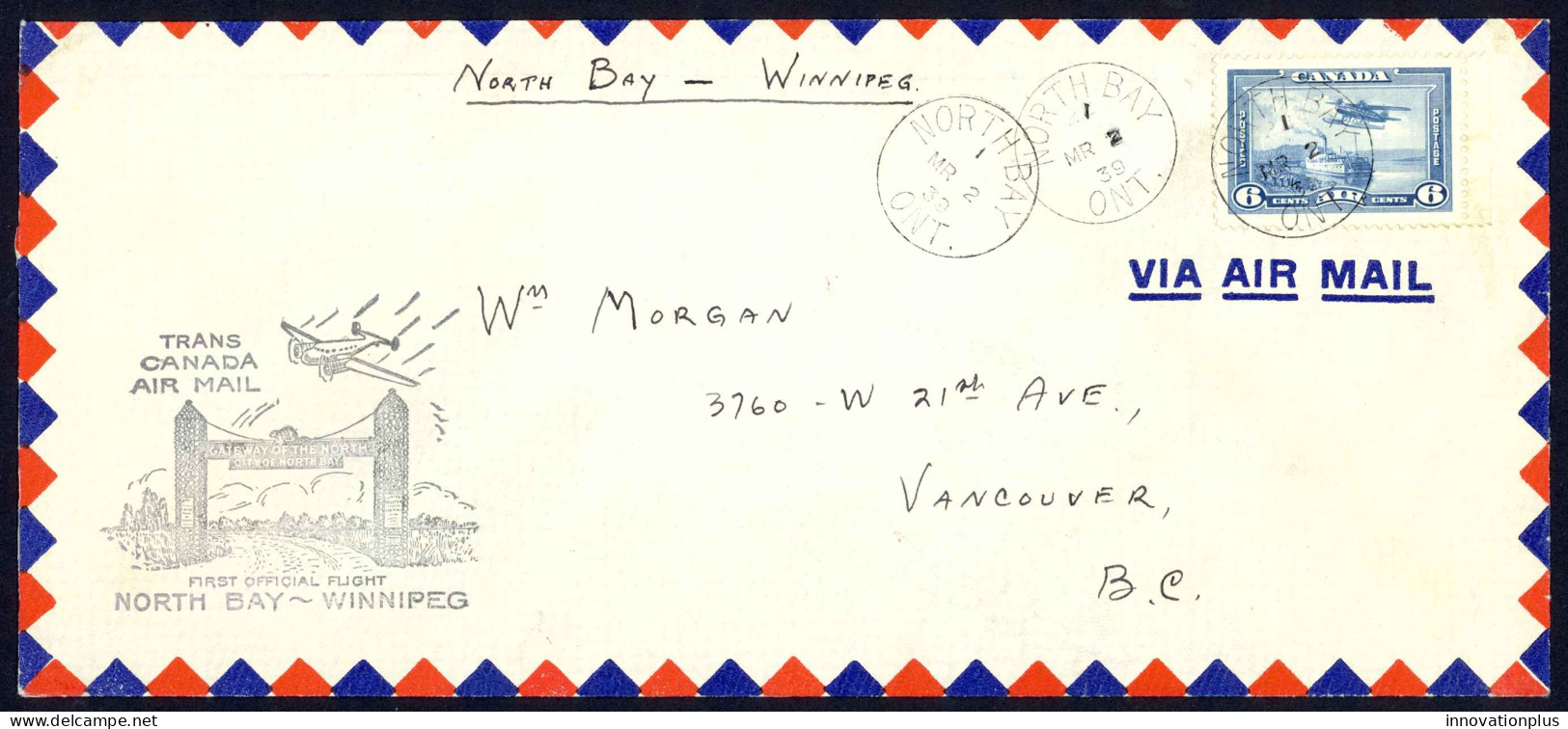 Canada Sc# C6 First Flight (North Bay>Winnipeg) 1939 3.2 Trans Canada Air Mail - Erst- U. Sonderflugbriefe