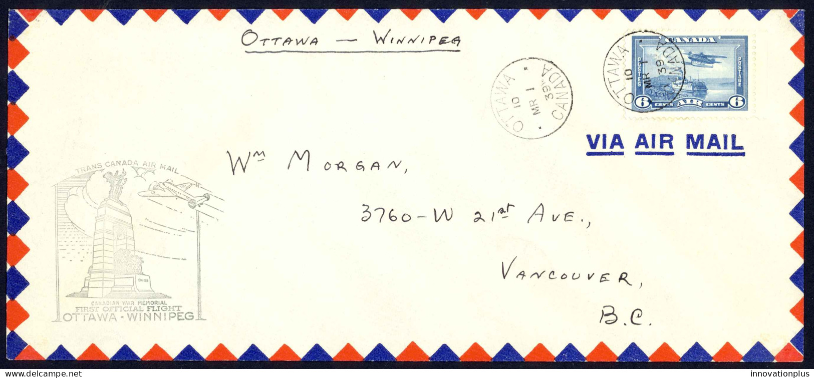 Canada Sc# C6 First Flight (Ottawa>Winnipeg) 1939 3.1 Trans Canada Mail - Erst- U. Sonderflugbriefe