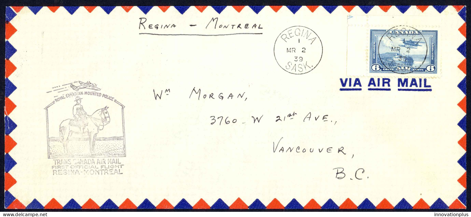 Canada Sc# C6 First Flight (Regina>Montreal) 1939 3.2 Trans Canada Air Mail - Eerste Vluchten