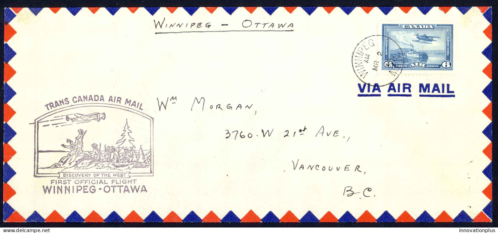 Canada Sc# C6 First Flight (Regina>Ottawa) 1939 3.2 Trans Canada Air Mail - Premiers Vols