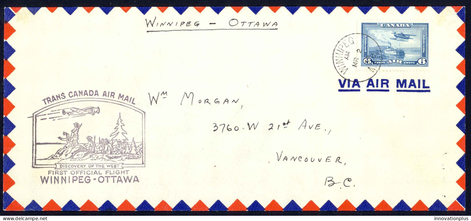 Canada Sc# C6 First Flight (Regina>Ottawa) 1939 3.2 Trans Canada Air Mail - Erst- U. Sonderflugbriefe