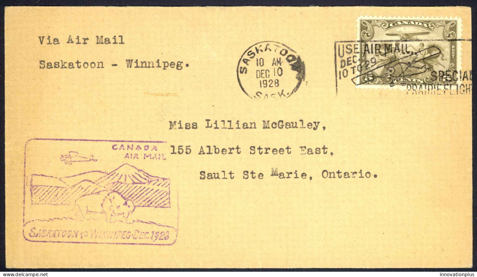 Canada Sc# C1 First Flight (Saskatoon,Sask>Winnipeg,Man) 1928 12.10  - Primi Voli