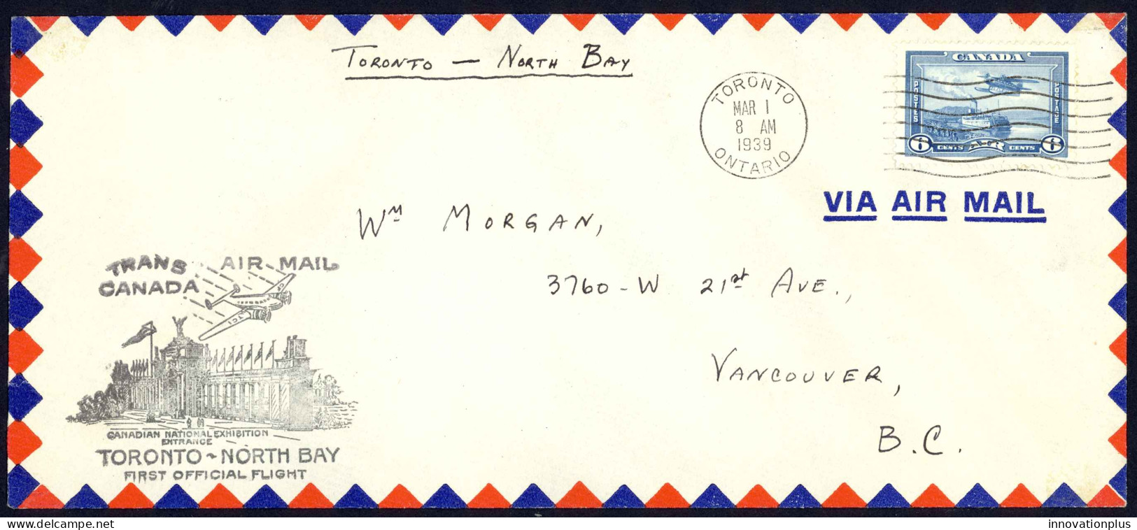 Canada Sc# C6 First Flight (Toronto>North Bay) 1939 3.1 Trans Canada Air Mail - First Flight Covers