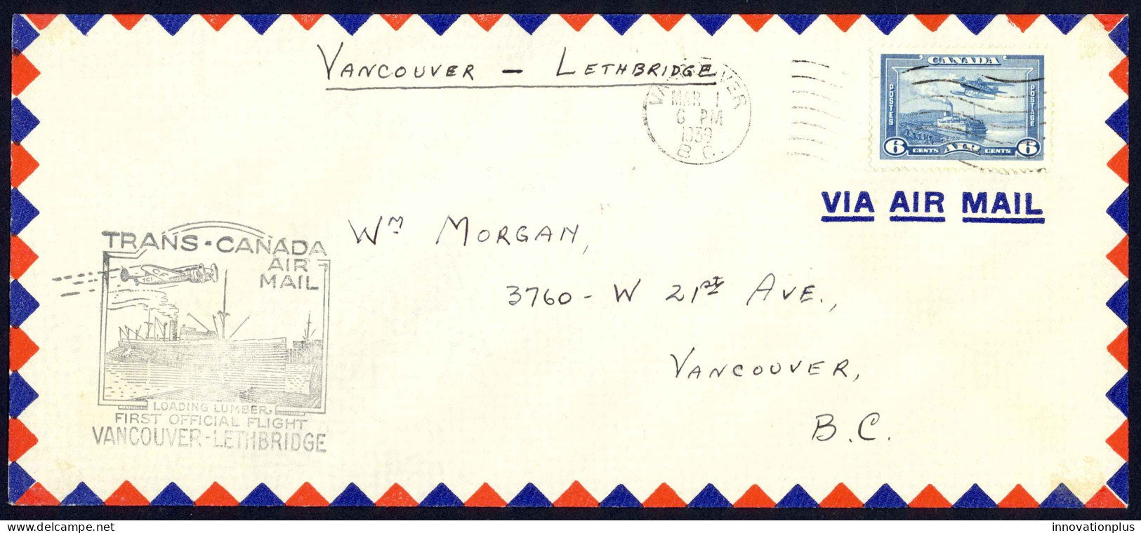 Canada Sc# C6 First Flight (Vancouver>Lethbridge) 1939 3.1 Trans Canada Air Mail - Premiers Vols