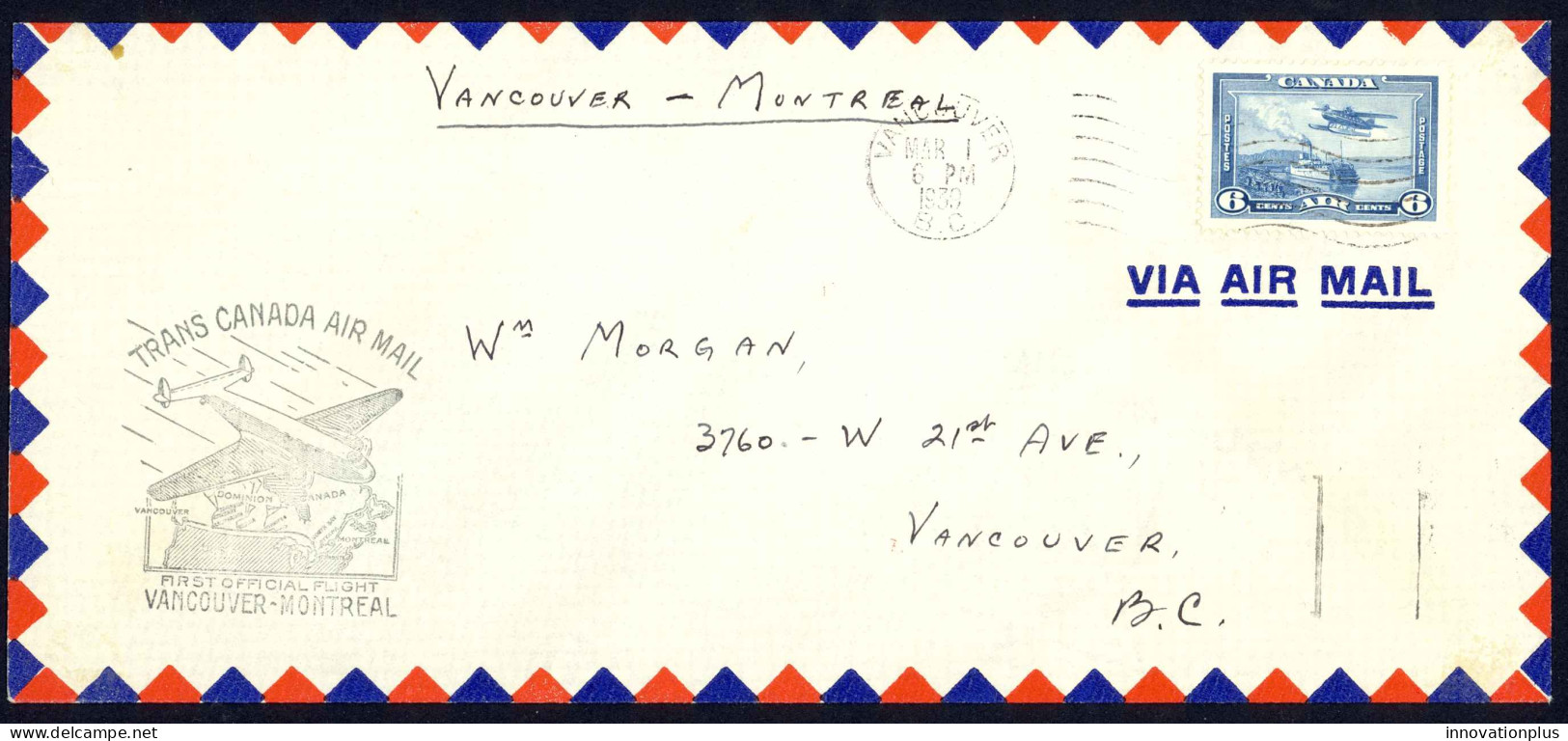 Canada Sc# C6 First Flight (Vancouver>Montreal) 1939 3.1 Trans Canada Air Mail - Primeros Vuelos