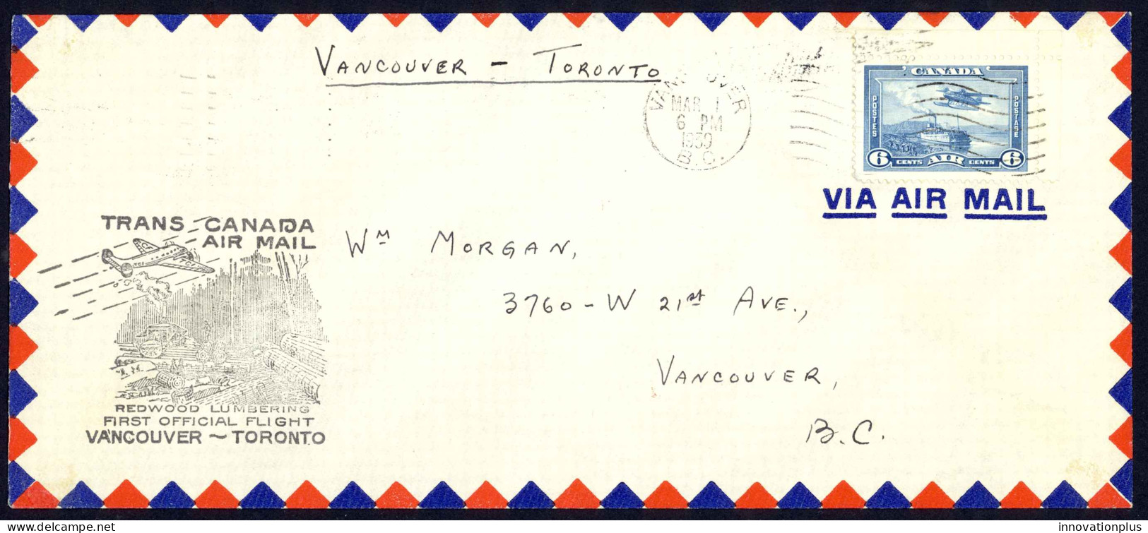 Canada Sc# C6 First Flight (Vancouver>Toronto) 1939 3.1 Trans Canada Air Mail - Premiers Vols