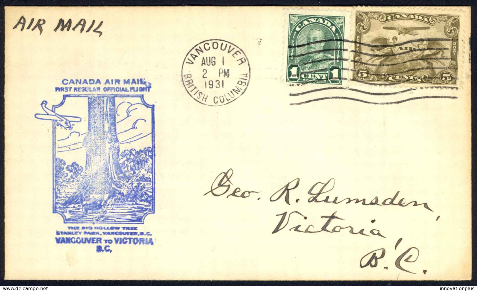 Canada Sc# C1, 163 First Flight Cover (a) (Vancouver,BC>Victoria, BC) 1931 8.1  - First Flight Covers